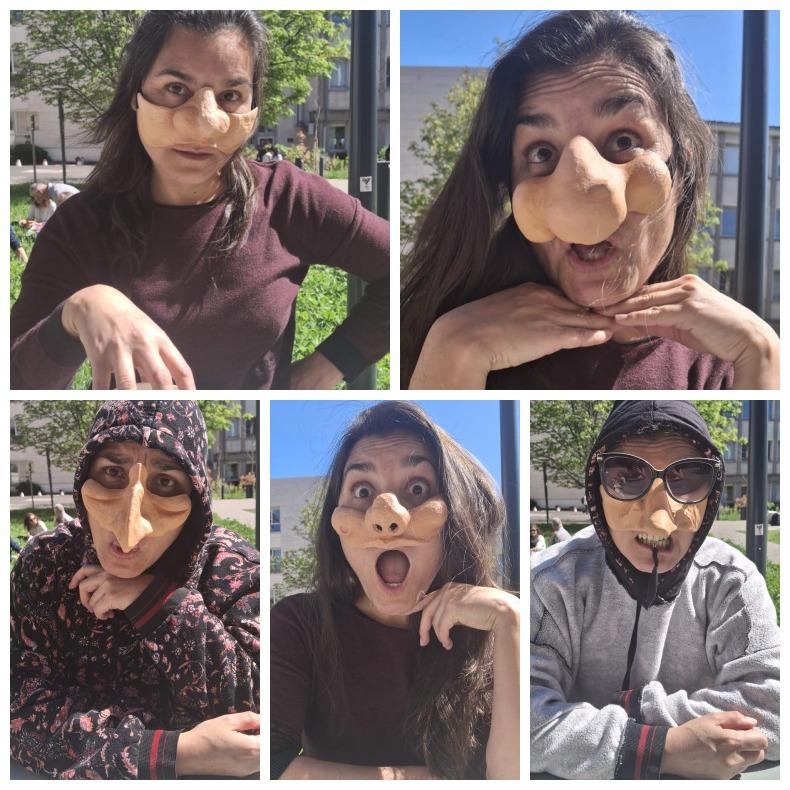 5 photos de la même personne avec différents masques qui couvrent l'espace entre les yeux et la bouche. Elle a parfois un sweat à capuche ou des lunettes de soleil. Premier masque avec un large nez rond, Deuxième masque avec de grosses pomettes et un gros nez en boule, troisième masque au nez long et pointu avec des cernes sous les yeux, quatrième masque à pomettes et trous de nez bien bien visibles, dernier masque au large nez.