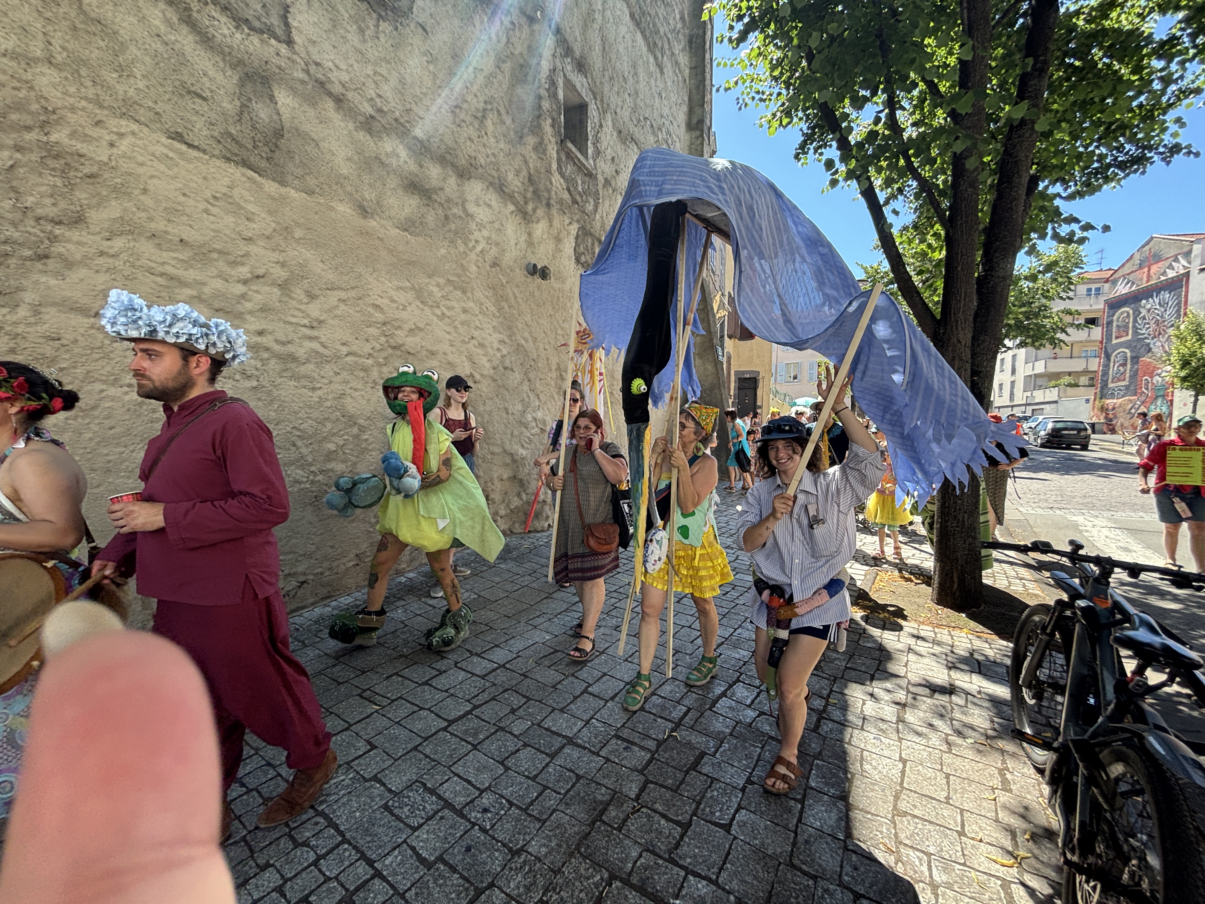 Des personnes en costumes défilent. Chapeau à fleur, pattes de grenouilles... 3 personnes en sandales portent une grande marionnette d'oiseau : c'est le héron bleu, au cou noir, bec long, les yeux jaunes.